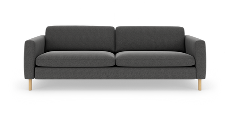 Mørkegrå tresæders sofa med afrundede armlæn og lyse træben set forfra.