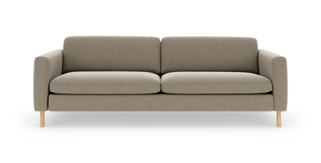 Beige stofsofa med to sæde- og ryghynder og runde træben, frontvisning på hvid baggrund.