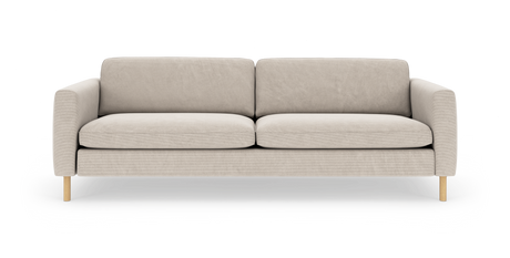 Beige moderne sofa med to sæde- og ryghynder, afrundede armlæn og lyse træben, frilagt mod hvid baggrund.
