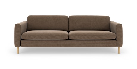Brun 3-personers sofa med træben, frilagt på hvid baggrund.
