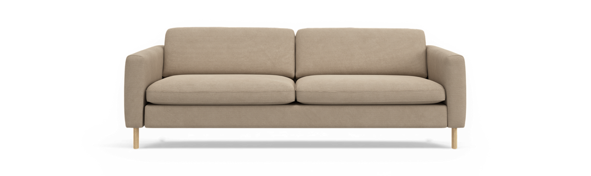 Beige 2-personers sofa med lige armlæn og træben, set forfra.