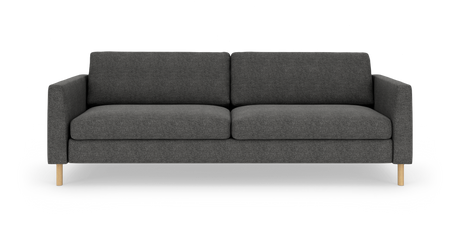 Mørkegrå tresæders sofa med lige armlæn og lyse træben set forfra.