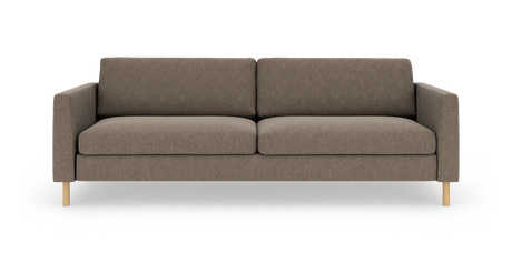 Brungrå 3-personers sofa med lige armlæn og lyse træben, produktfoto direkte forfra.