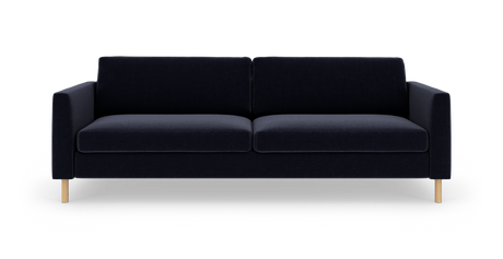 Mørkeblå tresæders sofa med lige armlæn og lyse træben, centreret på hvid baggrund.