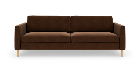 Brun 3-personers stofsofa med lige armlæn og lyse træben, frilagt produktbillede set forfra.