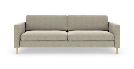Beige 3-personers sofa med firkantede armlæn og lyse træben, set lige forfra på hvid studiobaggrund.