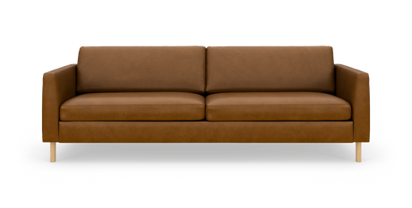 Brun lædersofa med to sædehynder og to ryghynder, frilagt på hvid baggrund.
