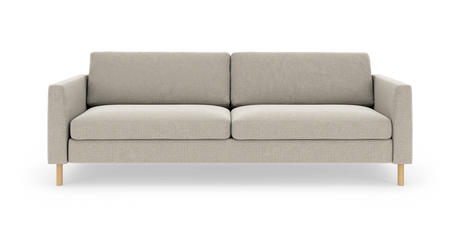 Beige sofa med to sædehynder, lige armlæn og lyse træben, set forfra.