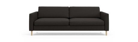 Mørkegrå 2-personers sofa med lige armlæn og lyse træben, set forfra.