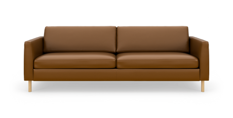 Brun lædersofa med træben set lige forfra på hvid baggrund.