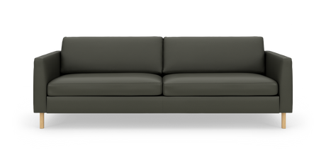 Mørkegrøn/mørkegrå tresæders sofa med lige armlæn og lyse træben, fotograferet forfra på hvid baggrund.