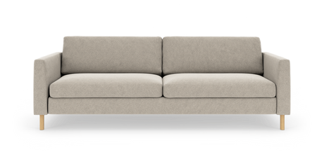 Beige 3-personers sofa med lige armlæn og lyse træben, frontvisning på hvid baggrund.
