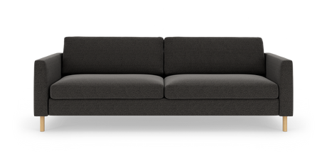 Mørkegrå 3‑personers sofa med lige armlæn og lyse træben, set direkte forfra på hvid studiebaggrund.