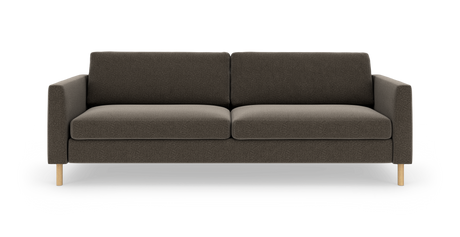 Mørkegrå tresæders sofa med lige armlæn og lyse træben set forfra.