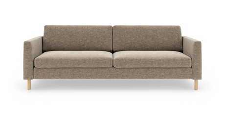 Beige sofa med to sædehynder, lige armlæn og lyse træben, frilagt på hvid baggrund.