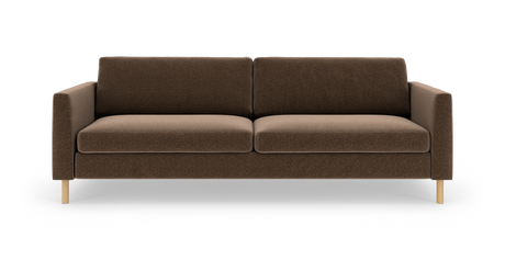 Brun 3-personers sofa med lige armlæn og træben, set forfra på hvid baggrund.