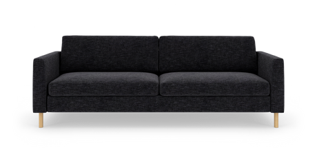 Mørkegrå sofa med lige armlæn og lyse træben, fotograferet lige for i studie.