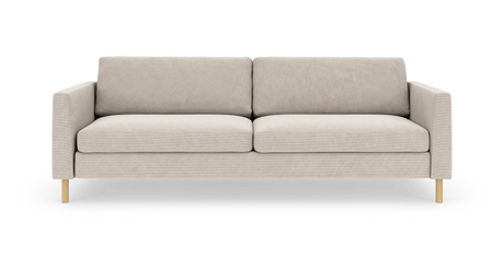 Beige tresæders sofa med lige armlæn og træben, produktfoto set lige forfra.