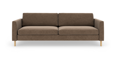 Brun 3-personers sofa med lige armlæn og lyse træben set forfra.
