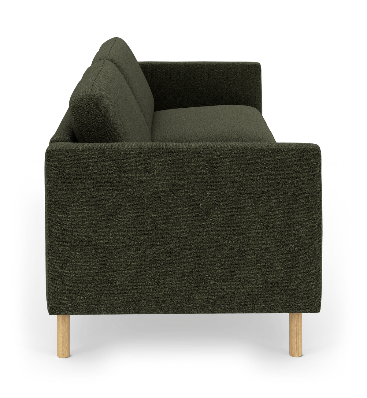 Grøn sofa i sideprofil med træben på hvid baggrund.