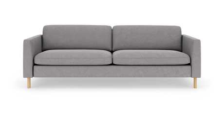 Grå tresæders sofa med lige armlæn og lyse træben, frontalt produktfoto på hvid baggrund.