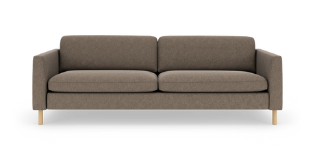 Brunmeleret 3-personers sofa i tekstil med lige armlæn og lyse træben, frilagt frontvisning.