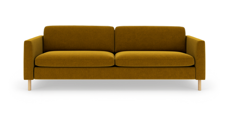 Sennepsgul 3-personers sofa med træben i frontvisning på hvid studiobaggrund.