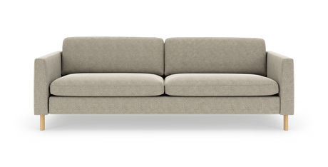 Beige 3-personers sofa med lige armlæn og lyse træben, frontvisning på hvid studiebaggrund.