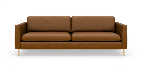 Brun lædersofa med slanke armlæn og lyse træben, set forfra mod hvid baggrund.