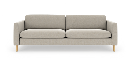Lys beige 3-personers sofa med lige armlæn og træben, frontvisning på hvid studiebaggrund.