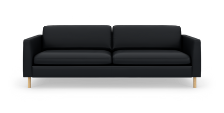 Sort 2-personers sofa med lige armlæn og lyse træben, frontvisning mod hvid studiebaggrund.