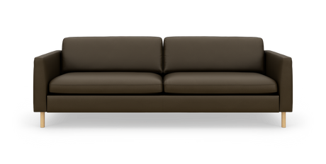 Brun tresæders sofa med rene linjer og træben, frilagt på hvid baggrund.