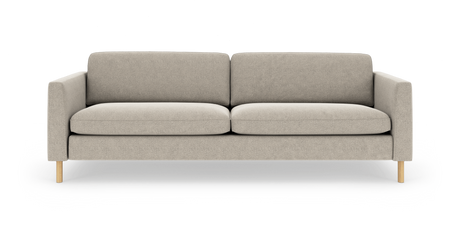 Beige tresæders sofa med lige armlæn og lyse træben, frontvisning på hvid baggrund.