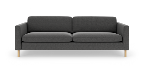 Mørkegrå tresæders sofa med træben, frontvisning på hvid baggrund.