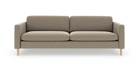 Beige sofa med lige armlæn og træben, fotograferet forfra på hvid baggrund.