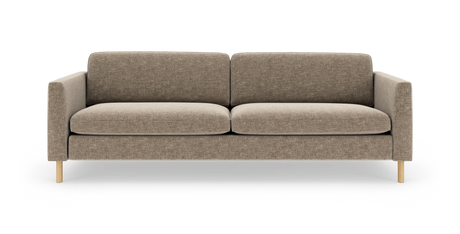 Beige stofsofa med lige armlæn og træben, frontvisning mod hvid baggrund.