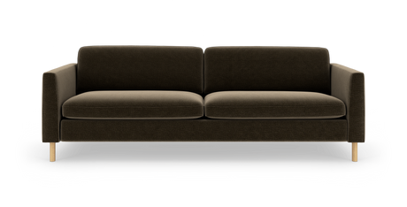 Mørkebrun 3-personers sofa med rette armlæn og lyse træben, frontal produktfoto.