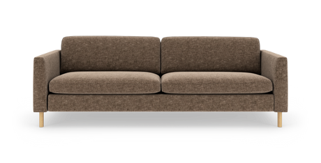 Brun 2-personers sofa med lige armlæn og lyse træben, centreret mod hvid baggrund.