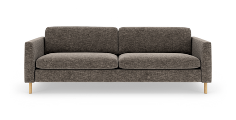 Brungrå trepersoners sofa med lige armlæn og lyse træben, frontvisning mod hvid baggrund.