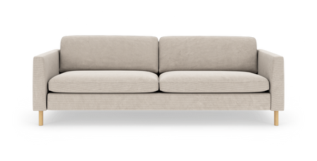 Beige tresæders sofa med rette armlæn og træben på hvid baggrund.