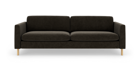 Mørkegrå 3-personers sofa med lige armlæn og lyse træben, frontvisning på hvid baggrund.