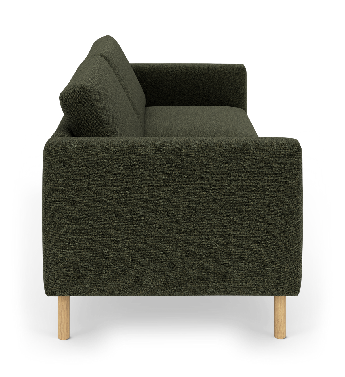 Mørkegrøn sofa i bouclé med træben, set fra siden.