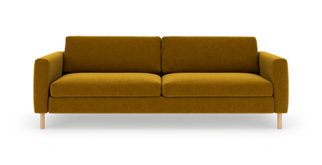 Sennepsgul 3-personers sofa med træben, frontvisning på hvid baggrund.