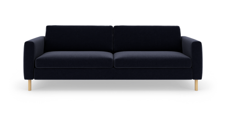 Mørkeblå/sort tresæders sofa med træben, frilagt på hvid baggrund i frontvy.