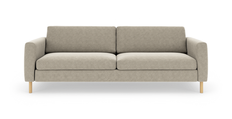 Beige tresæders sofa med afrundede armlæn og træben, set forfra.
