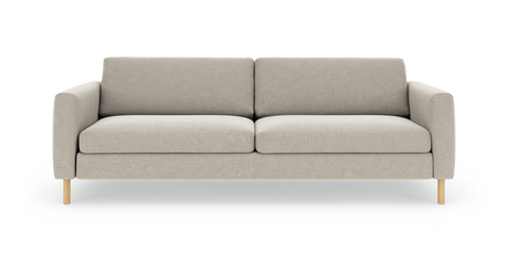 Beige sofa med to sædehynder, lige armlæn og lyse træben, frontvisning på hvid baggrund.