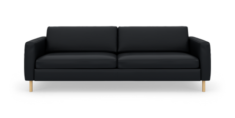 Sort tresæders sofa med træben set forfra, frilagt mod hvid baggrund.