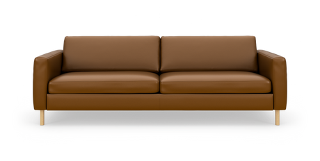 Brun lædersofa med lige armlæn og lyse træben, fotograferet forfra på hvid baggrund.