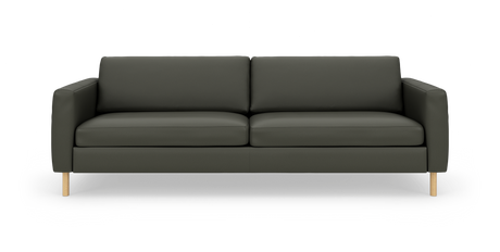 Mørkegrøn, moderne 3-personers sofa med glatte hynder og lyse træben, fotograferet lige forfra mod hvid studiebaggrund.