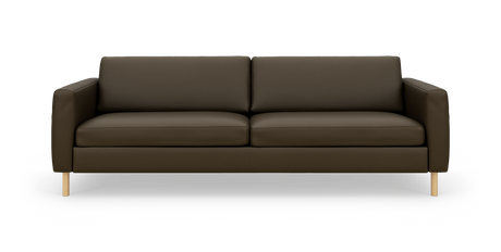 Mørkebrun sofa med lige armlæn og lyse træben, set forfra.